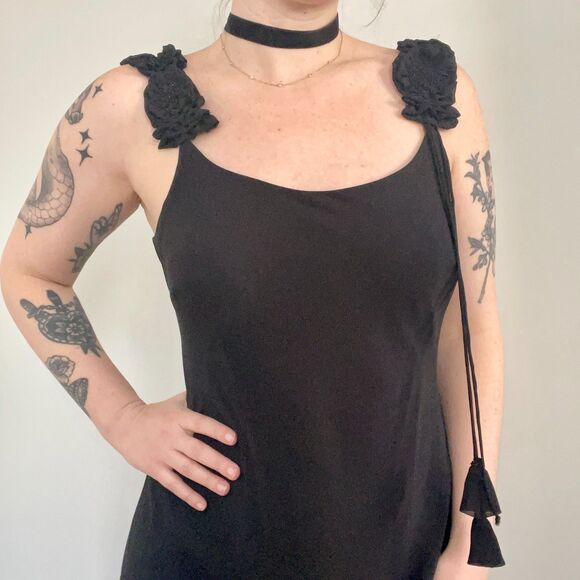 Vtg 90s Whimsygoth Cocktail Dress Fairycore Goth Black Roses Beading Size M - Picture 6 of 10